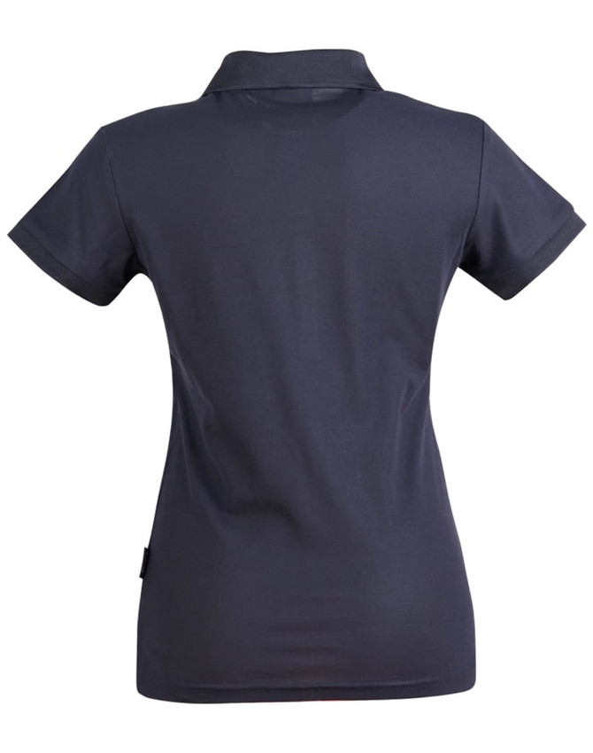 A navy blue ladies' polo shirt with a collared neckline and short sleeves, featuring a logo on the side.