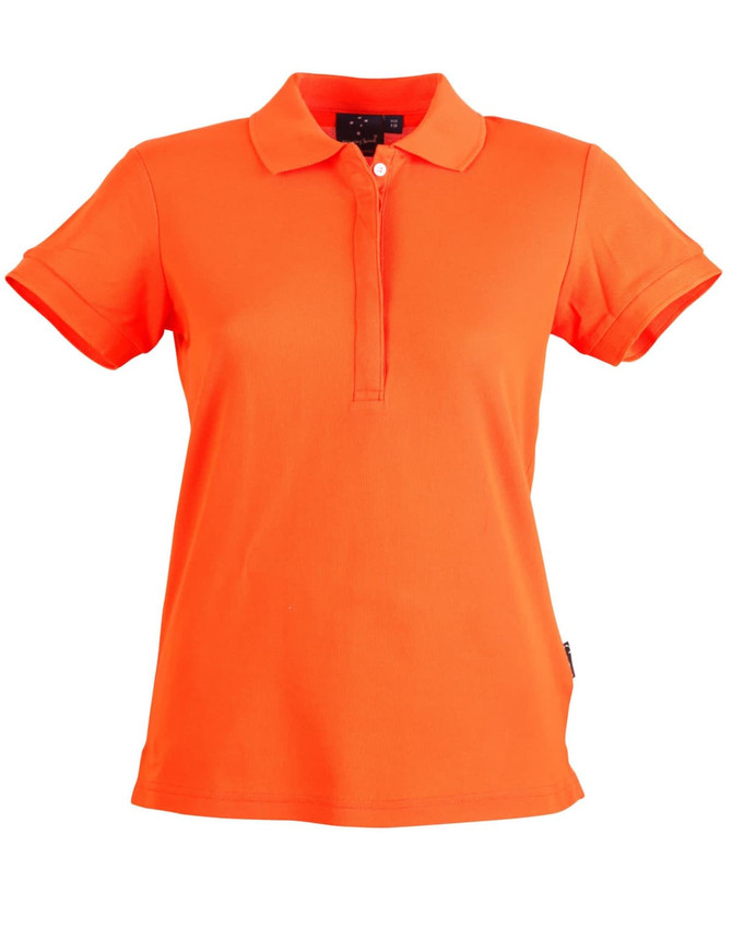 An orange Ladies' Connection Polo shirt with a classic collar and rolled sleeves, featuring a branding logo.