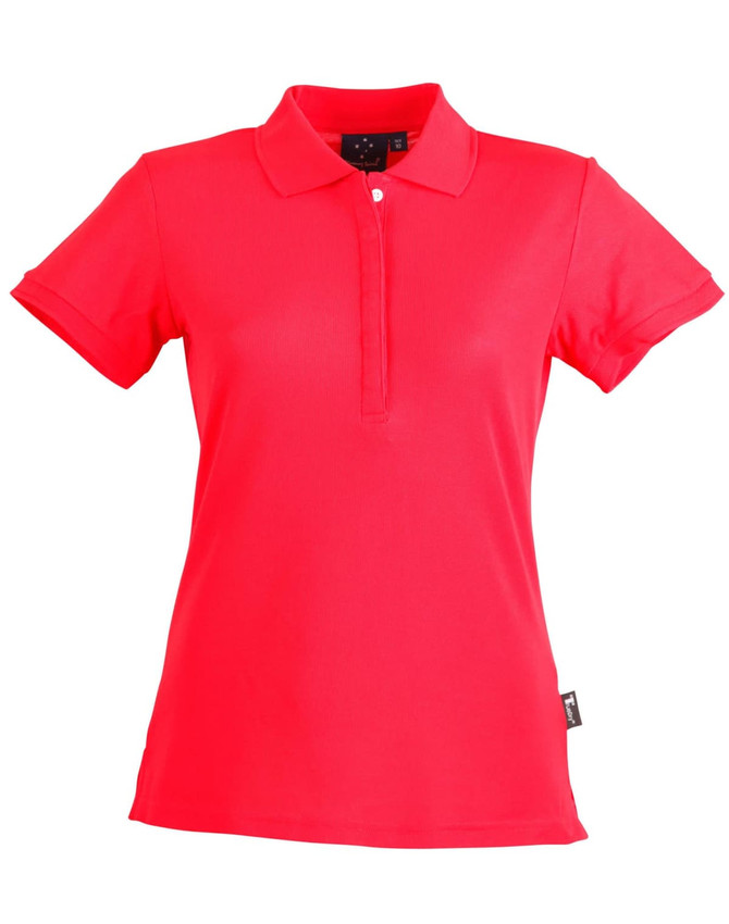 A red ladies' polo shirt with a collar and short sleeves, featuring a branding logo.