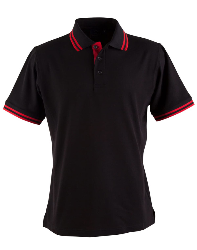 A black polo shirt featuring red stripes on the collar and sleeves, with a logo on the chest.