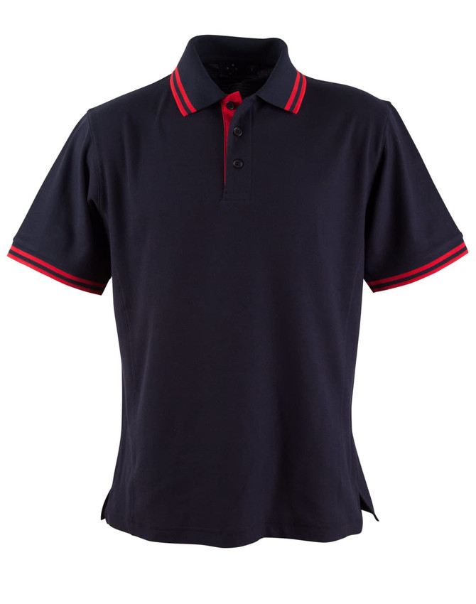 A navy polo shirt with red stripes on the collar and sleeve cuffs. It features a logo on the chest.