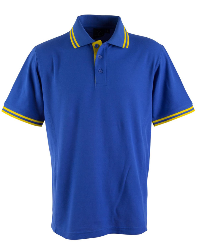 A blue polo shirt featuring yellow striped detailing on the collar and sleeves, with a logo on the chest.