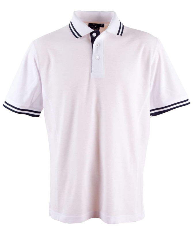 A white polo shirt with navy blue stripes on the collar and sleeves, featuring a logo.