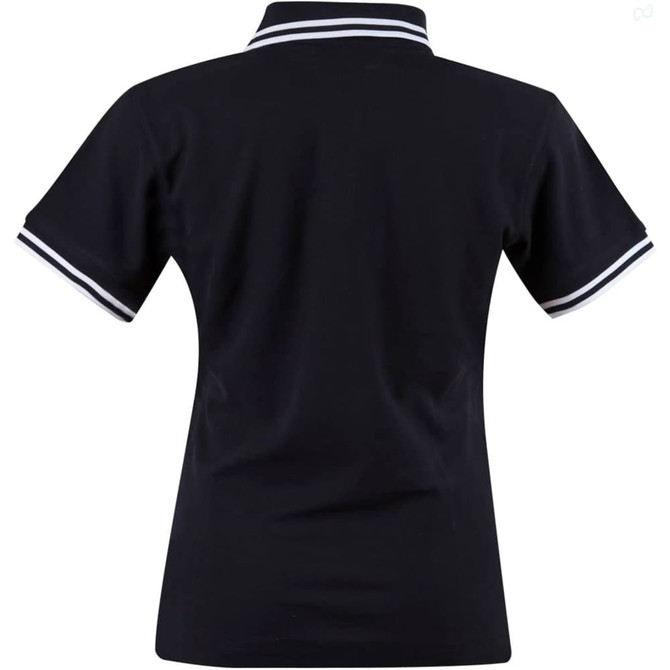 A black ladies' polo shirt featuring a classic collar and contrasting stripes on the sleeves.