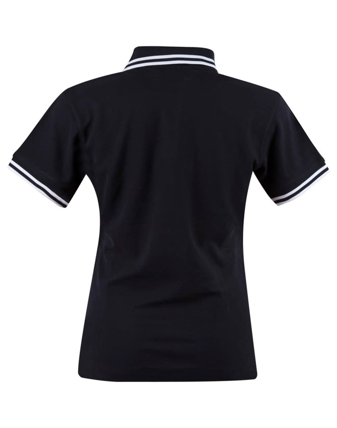 A black ladies' polo shirt featuring a classic collar and contrasting stripes on the sleeves.