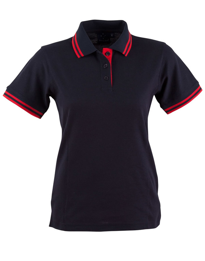 A navy polo shirt featuring red accents on the collar and sleeves, with a branded logo.