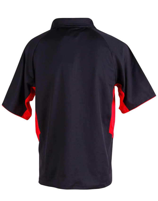 A black polo shirt with red accents, featuring a collar and short sleeves. It has a logo on the front.