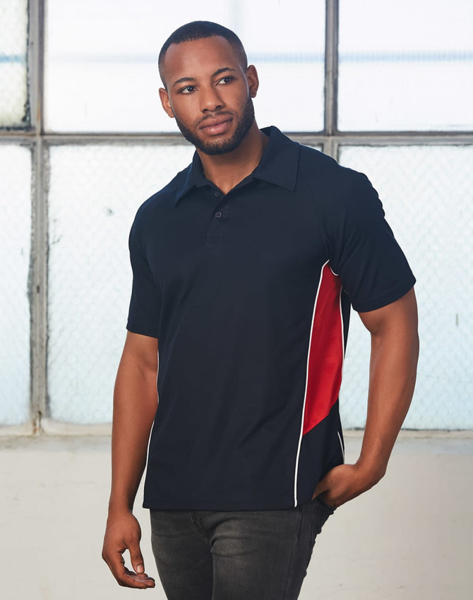 A navy polo shirt with red side panels and a logo on the chest.