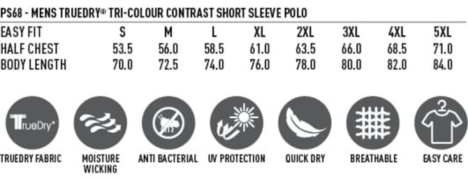 A polo shirt in various sizes with a tri-colour contrast design, featuring an easy fit and breathable fabric.