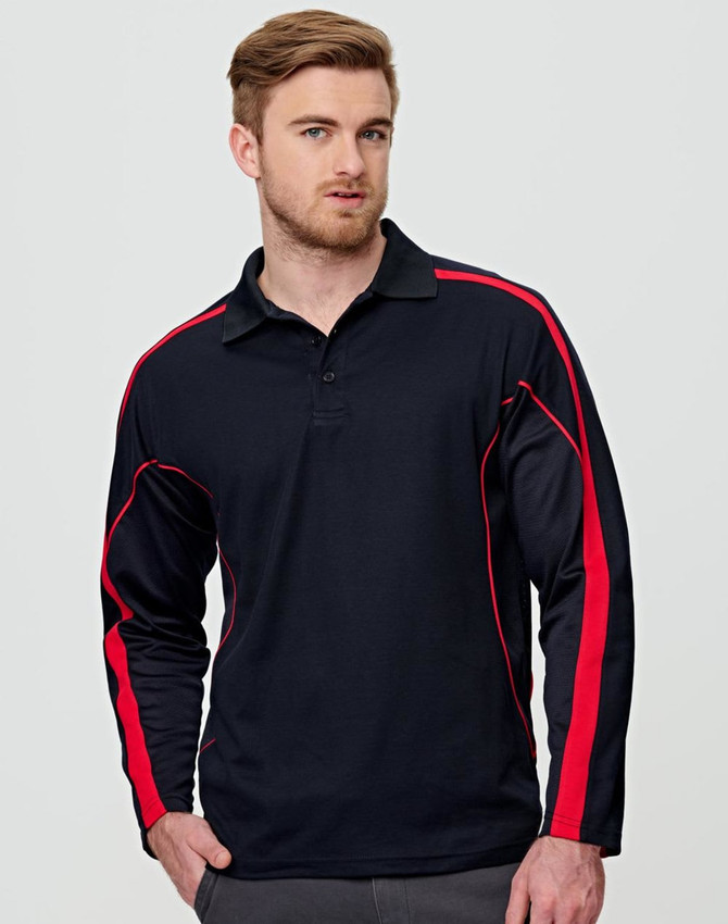 A long sleeve men's polo shirt in black with red accents and a logo.