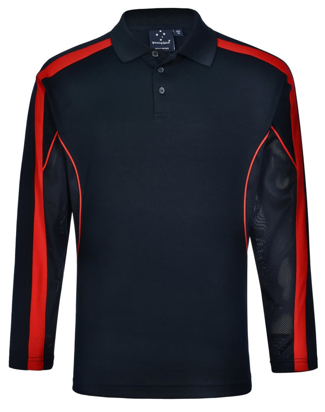 A long sleeve polo shirt in black with red accents and mesh detailing on the sleeves. Features a logo.