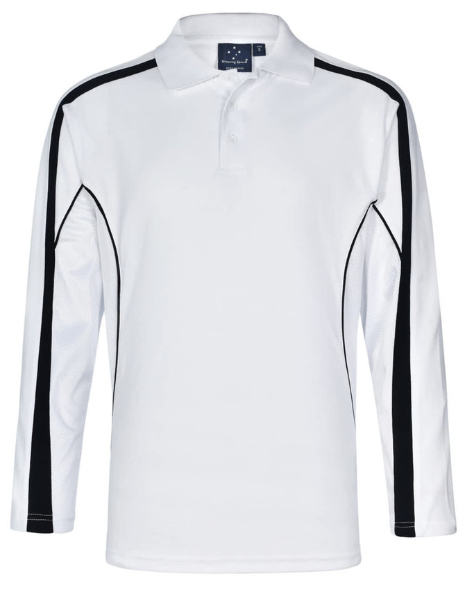 Men's long sleeve polo in white with black side accents and a logo. Ideal for casual or sporty wear.