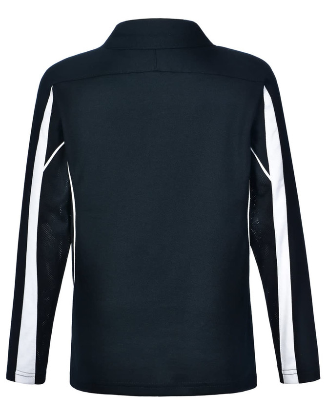 A long sleeve polo shirt in black with white panel accents and a logo. Back view showcases the design.