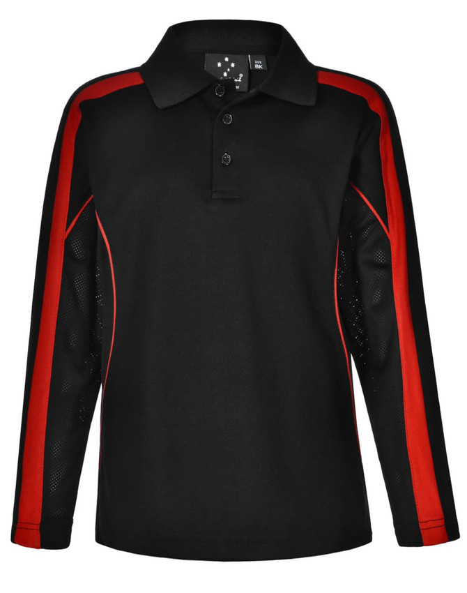 A black long sleeve polo shirt with red side panels and a collar. It features a logo on the upper front.
