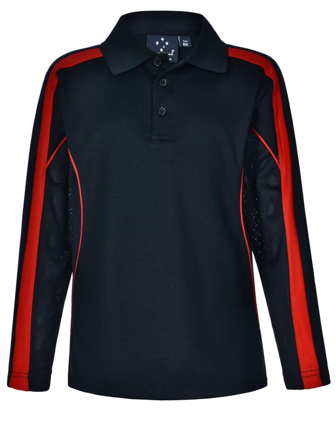 A long sleeve polo shirt in black with red accents and mesh detailing, featuring a collar and buttons.