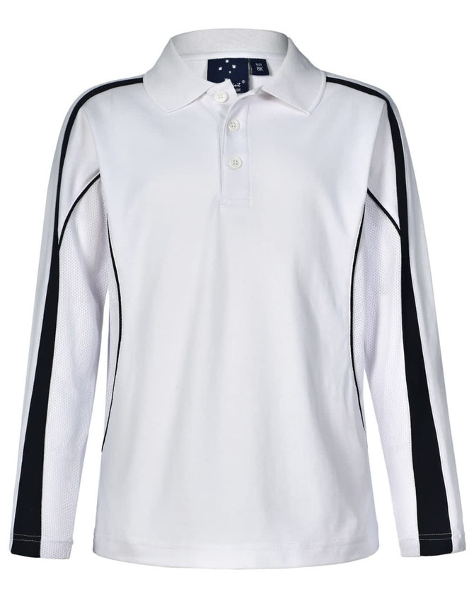 A white long sleeve polo shirt featuring black side panels and a collar, with a logo on the collar.