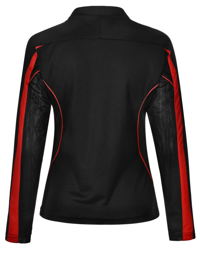 A black long sleeve polo shirt featuring red accents and mesh detailing, with a small logo.