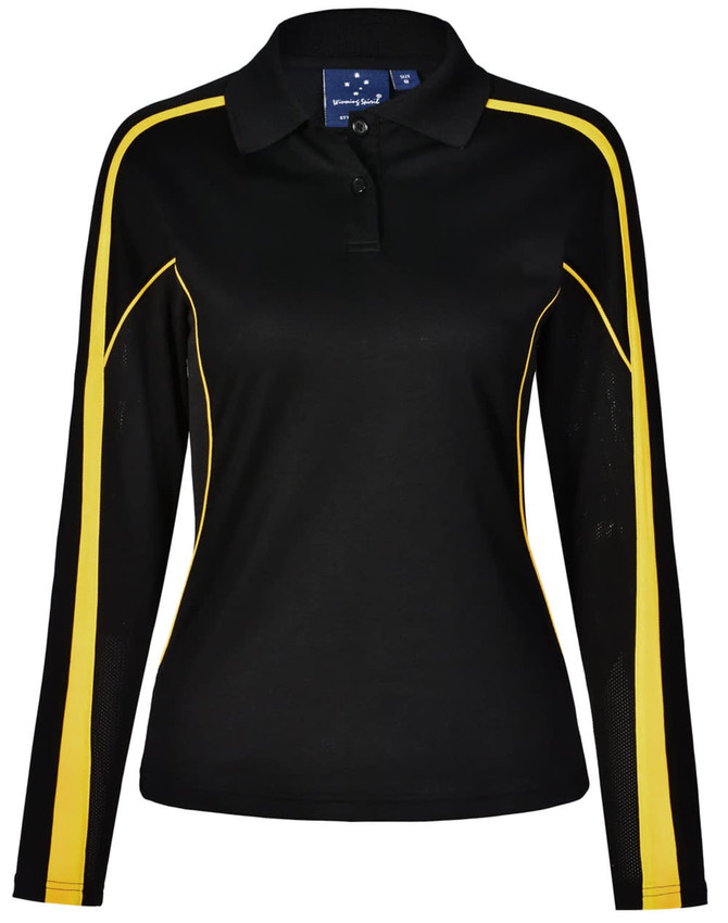 A black long sleeve polo shirt featuring yellow accent stripes and a logo on the chest.