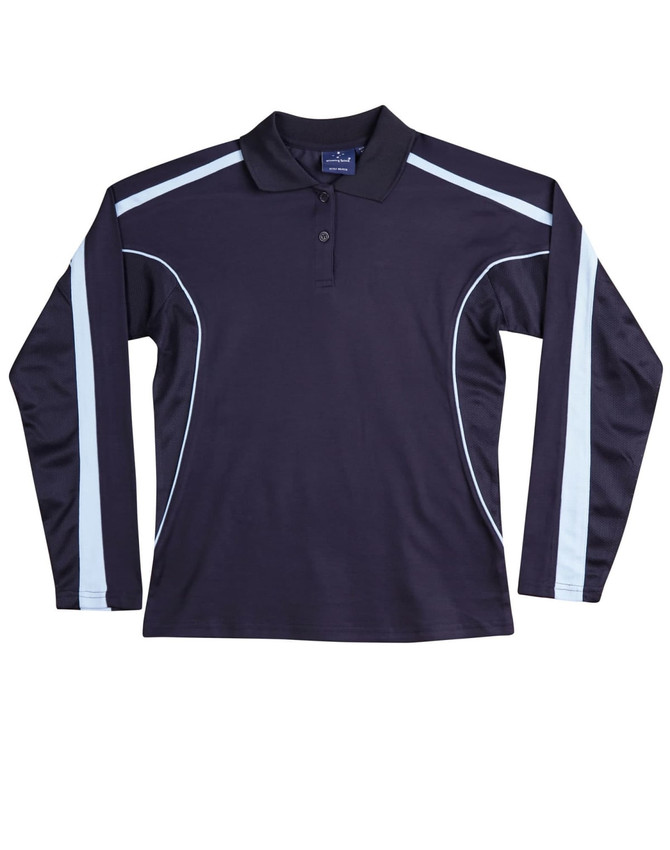 A long sleeve polo shirt in navy blue with light blue side stripes and a collar. The shirt features a logo.