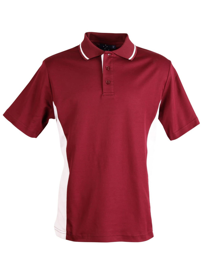 A maroon polo shirt with white side panels and a collar, featuring a logo on the chest.