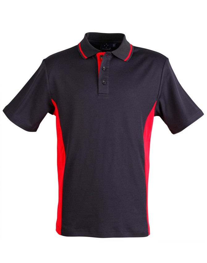 Men's TrueDry Contrast short sleeve polo in black with red side panels and a collar. It features a logo on the chest.