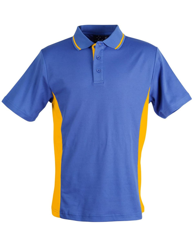 A blue and yellow short-sleeve polo shirt with a collar and contrasting side panels. It features a logo on the chest.