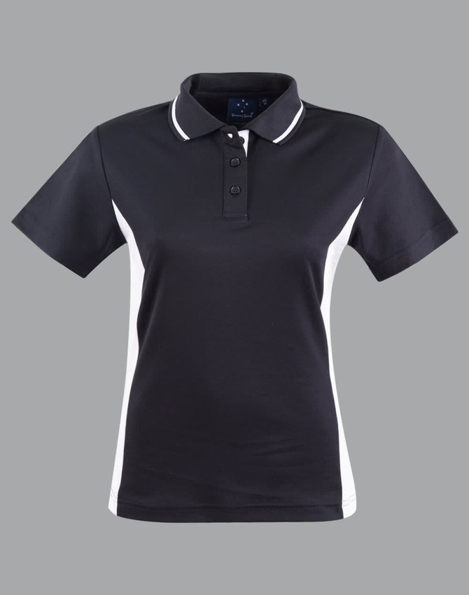 A black and white ladies' polo shirt featuring a classic collar and a logo on the chest.