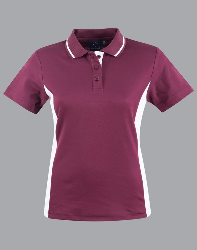 A maroon polo shirt with white contrast panels and a collar, featuring buttons and a logo.