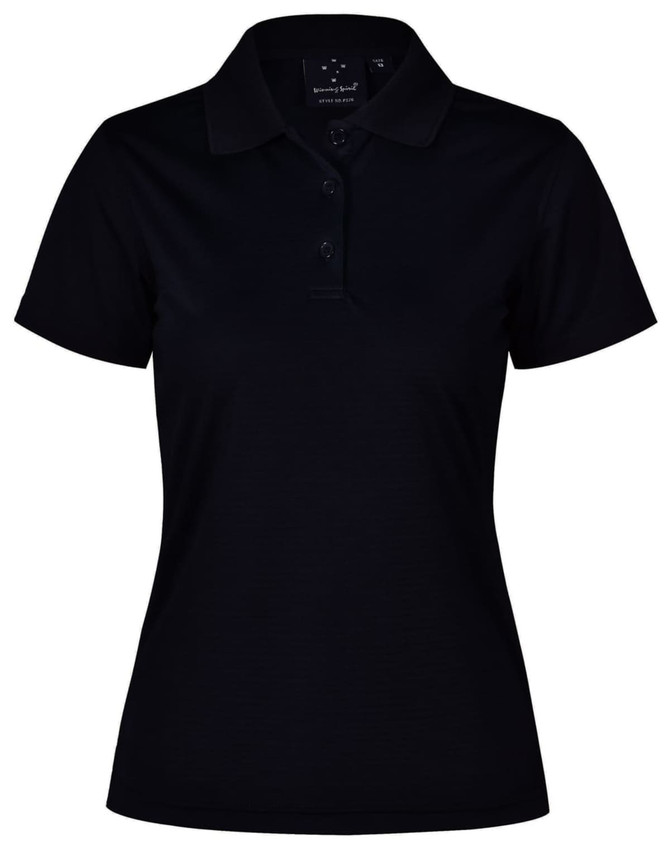 Ladies' Cooldry Textured Polo in black, featuring a collar, three buttons, and a logo on the front.