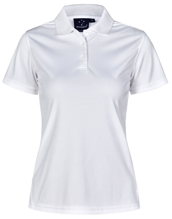A white textured polo shirt for women, featuring a collared neckline and a logo on the label.