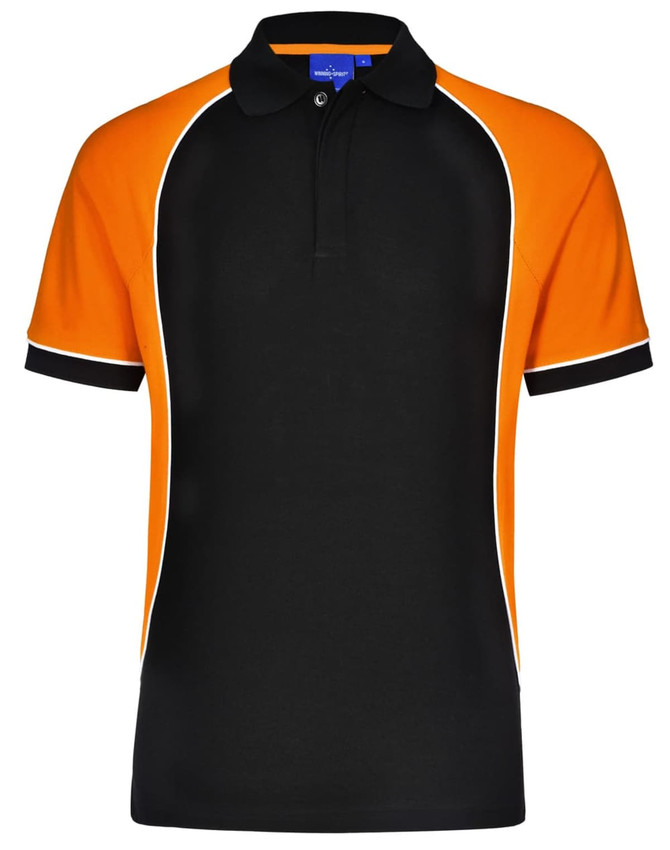 A black and orange short-sleeve polo shirt with contrasting white piping and a collar. Includes a logo.