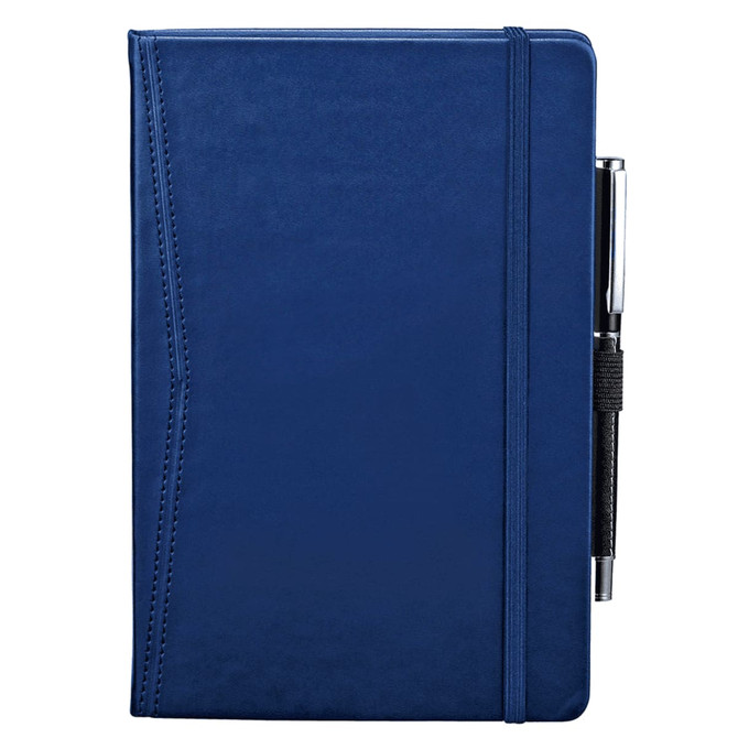 A navy blue pocket-bound journal with an elastic band and a pen attached. It features a sleek, smooth cover.
