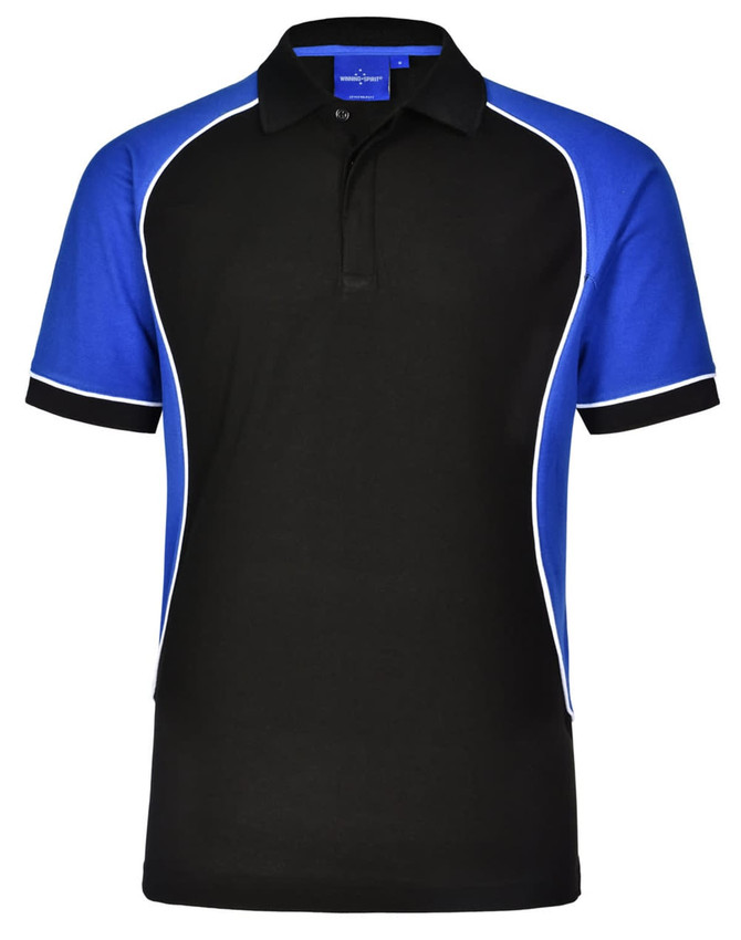 A tri-colour short-sleeve pique polo shirt featuring black, blue, and white accents, with a logo on the chest area.