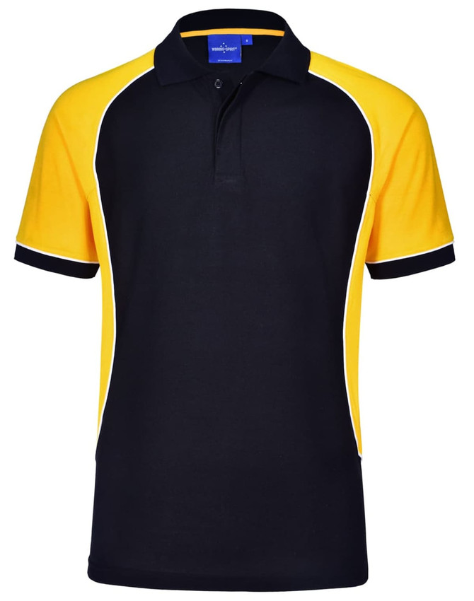 A tri-colour polo shirt featuring black, yellow, and white panels, with a collar and short sleeves, has a logo on the chest.