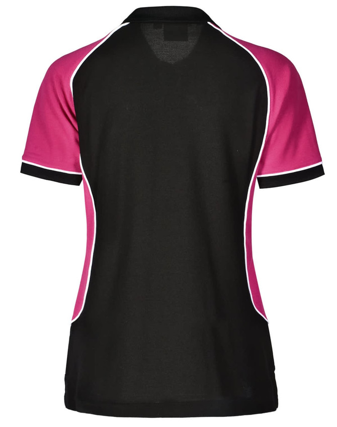 A ladies' short-sleeve polo shirt featuring a tri-colour design in black, pink, and white, with a logo.