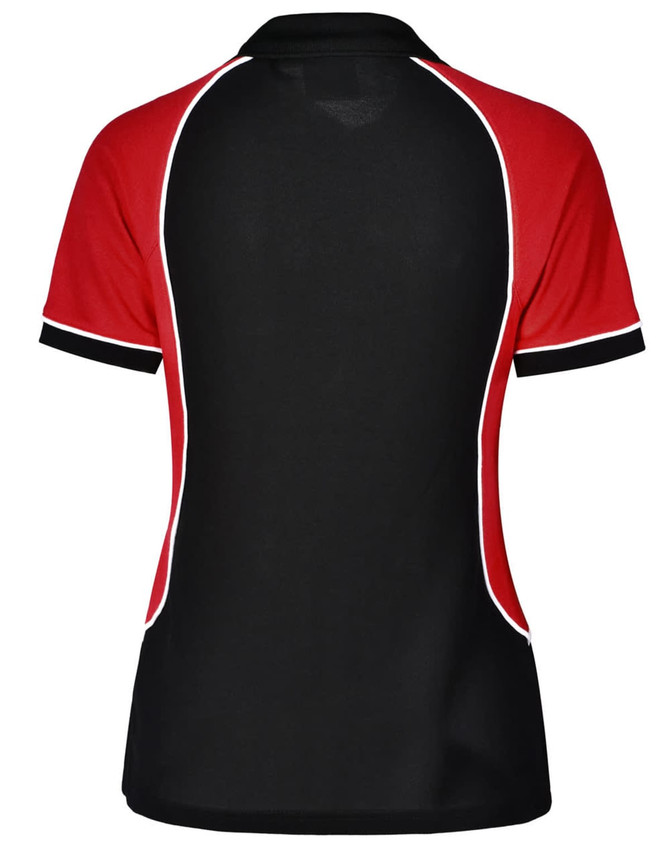 A ladies' tri-colour polo shirt featuring black, red, and white accents with a logo. The design is stylish and sporty.