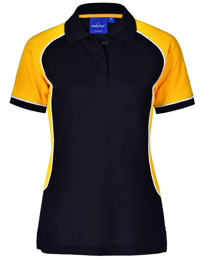 A black and yellow tri-colour polo shirt with short sleeves and a collar, featuring a logo.