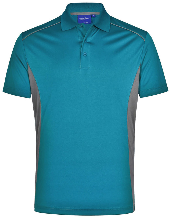 A teal and grey men's polo shirt with short sleeves and a collar, featuring branding on the neckline.