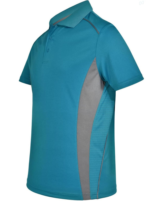 A teal and grey men's polo shirt featuring a logo, with contrast mesh detailing on the sides.