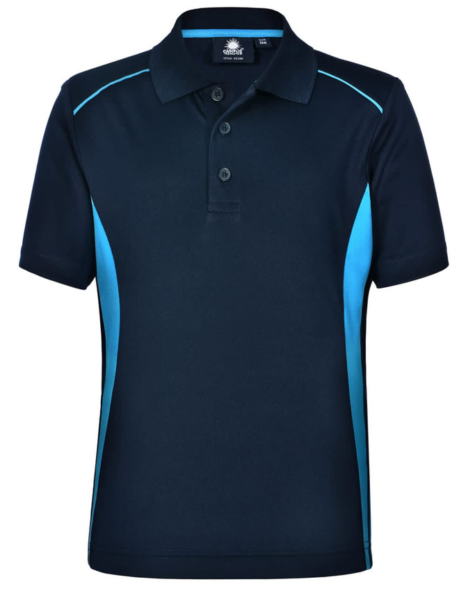 A navy polo shirt with light blue contrast panels and three buttons, featuring a logo on the chest.