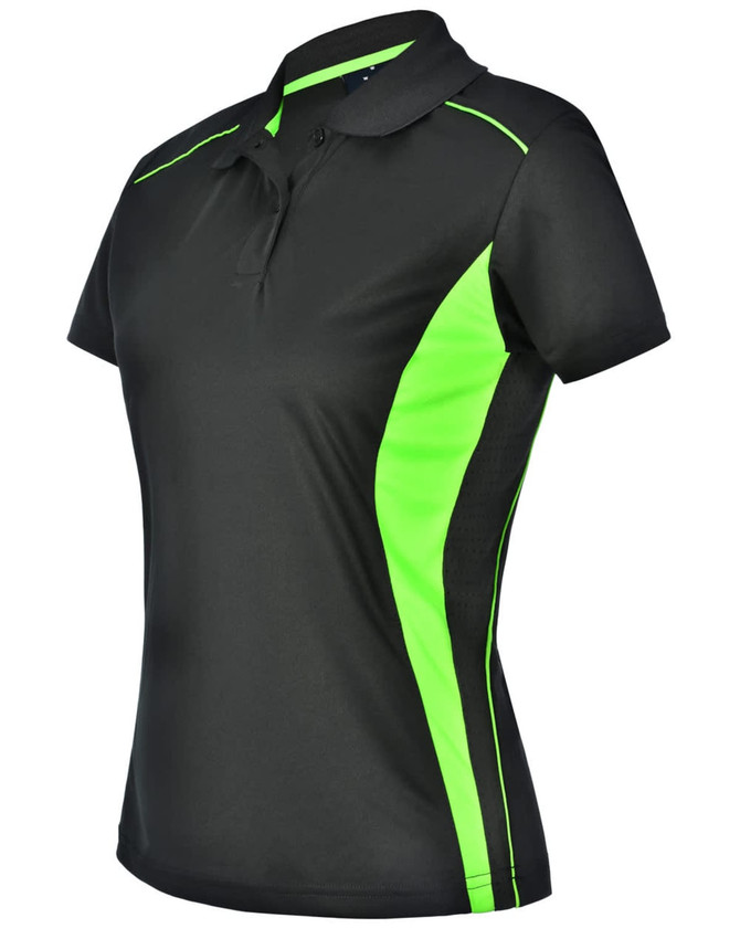 A black polo shirt with vibrant green contrast panels and a collar. The shirt features a logo on the front.