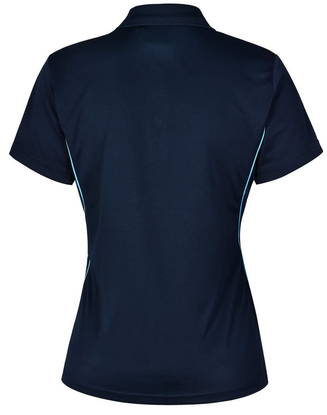 A navy blue ladies' polo shirt featuring contrast piping and a logo on the back.