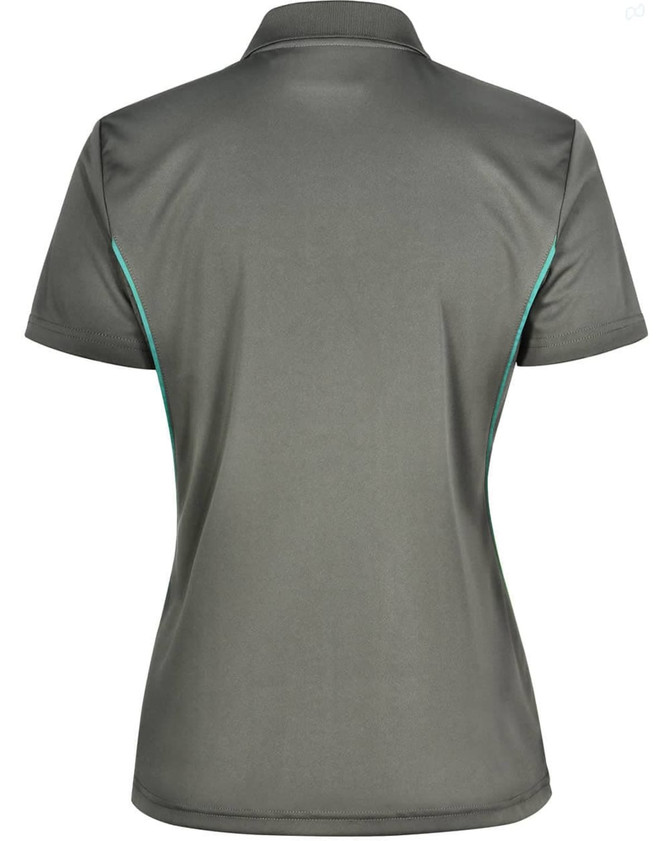 A grey ladies' polo shirt featuring contrast detailing on the sides and a collar. Designed with a logo.