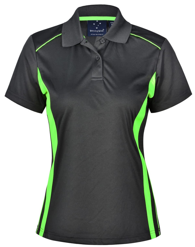 A black polo shirt with bright green contrast panels and a collar. It has a logo on the neckline.