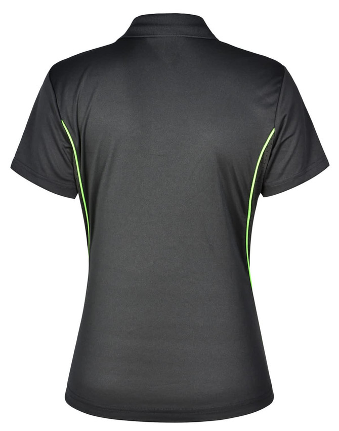 A black polo shirt featuring contrast green stripes, designed with a fitted cut and a logo.