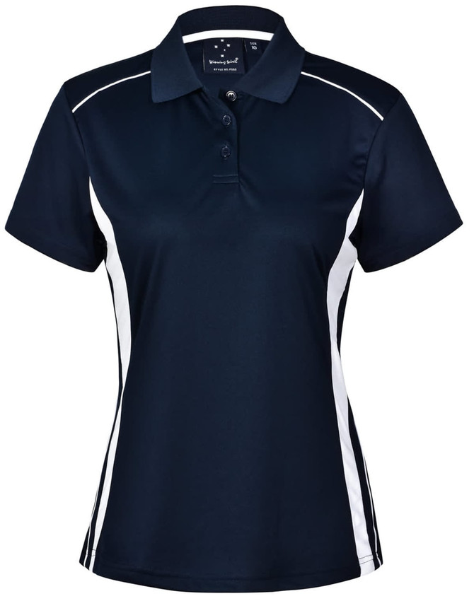 A navy blue ladies' polo shirt with white contrast panels and a collar, featuring a logo on the front.