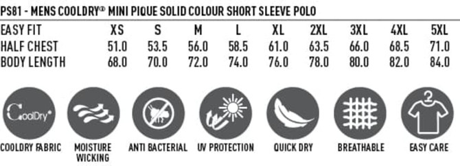Men's Cooldry Pique Solid Colour Short Sleeve Polo in various sizes, featuring Cooldry fabric, moisture-wicking properties, and a logo.
