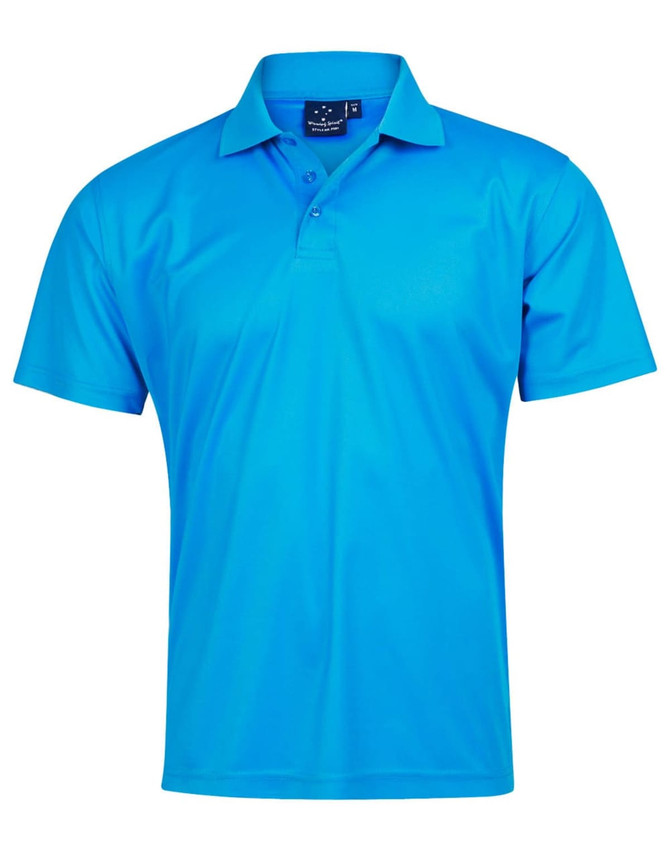 A bright blue men's short-sleeve polo shirt made from Cooldry material, featuring a collar and a logo.