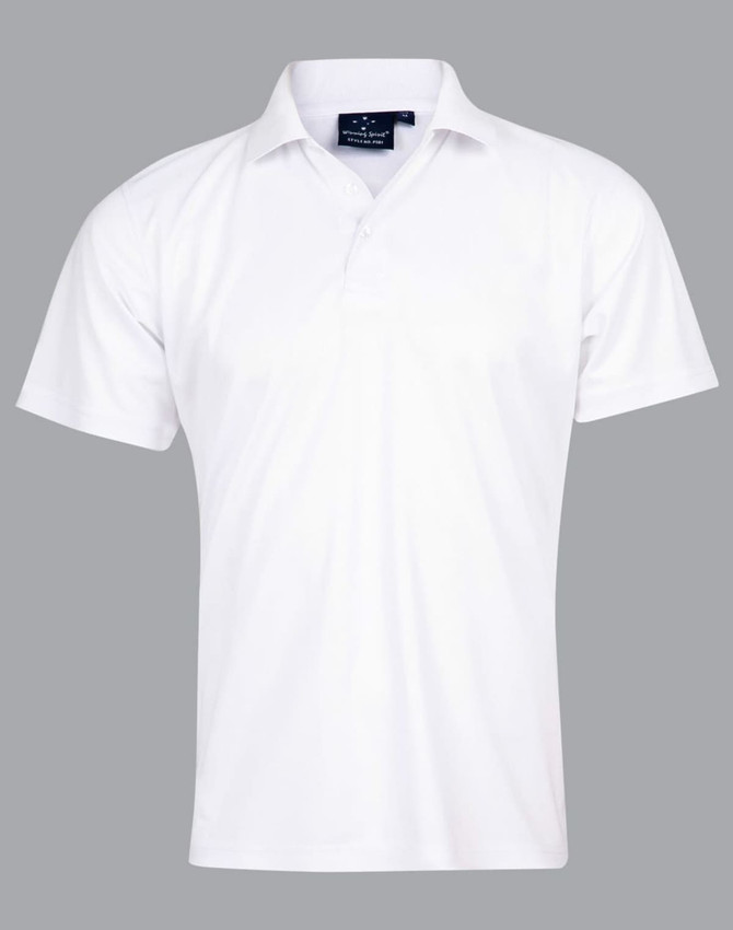 A white short-sleeved polo shirt with a collar and a logo on the upper section.