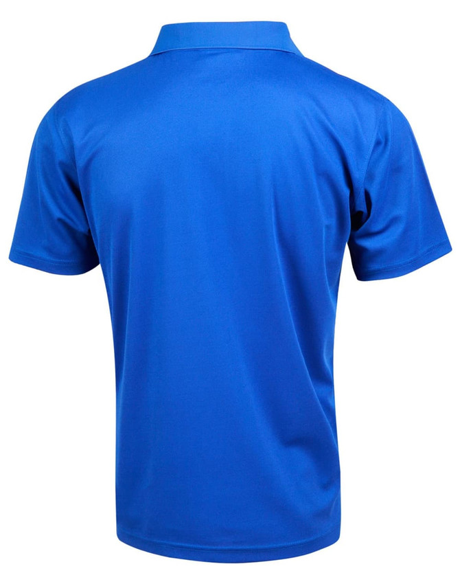 A blue kids' polo shirt featuring a classic collar and short sleeves, with a logo on the back.